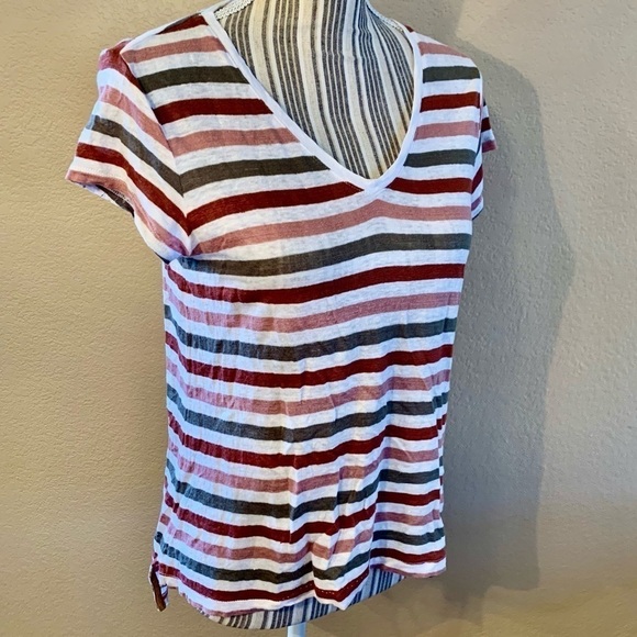 Linen Tee Medium White V-Neck Striped Olive Salmon Rust Short Sleeve 100% Linen - Picture 5 of 13